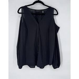 INC International Concepts Black Cold Shoulder V-Neck Blouse Long Sleeve 10